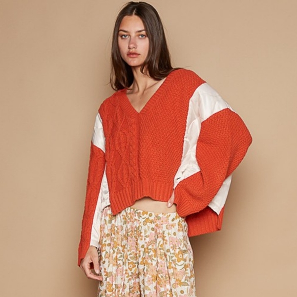 POL Quilted Waffle Cable Knit Patchwork High-low Top Long Sleeve Crop Sweater - Picture 10 of 15